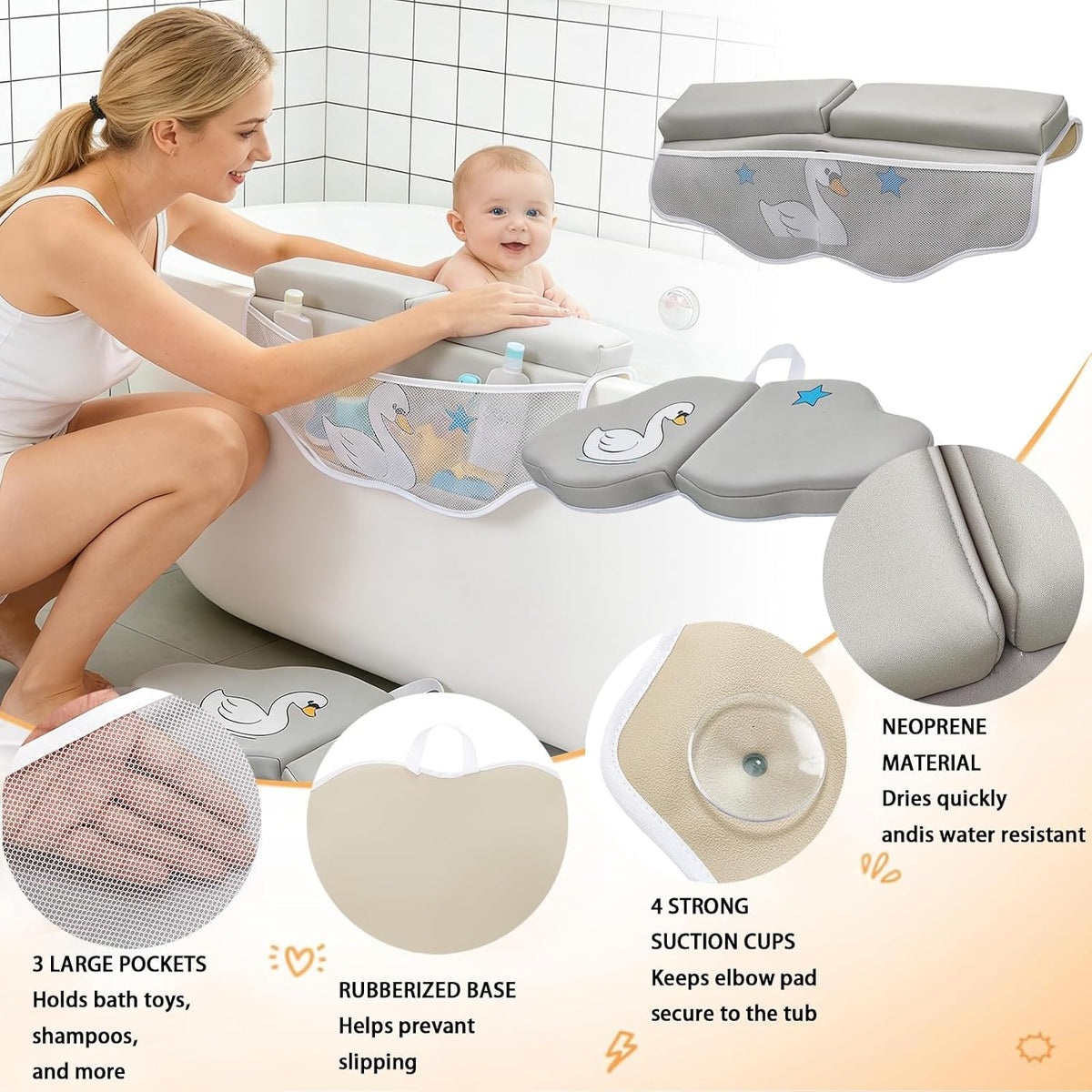 Bath Kneeler and Elbow Rest Pad Set, Bathtub Kneeling Pad with Elbow Support and Storage Pockets, Baby Bath Support Non-Slip, Machine Washable, Quick Drying for Comfortable Baby Bathing (Grey)