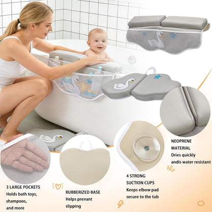 Bath Kneeler and Elbow Rest Pad Set, Bathtub Kneeling Pad with Elbow Support and Storage Pockets, Baby Bath Support Non-Slip, Machine Washable, Quick Drying for Comfortable Baby Bathing (Grey)