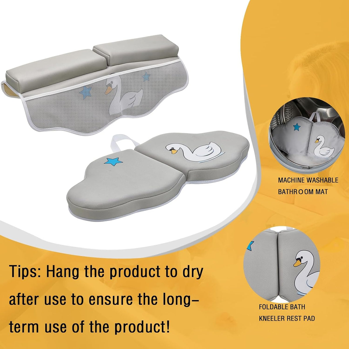 Bath Kneeler and Elbow Rest Pad Set, Bathtub Kneeling Pad with Elbow Support and Storage Pockets, Baby Bath Support Non-Slip, Machine Washable, Quick Drying for Comfortable Baby Bathing (Grey)