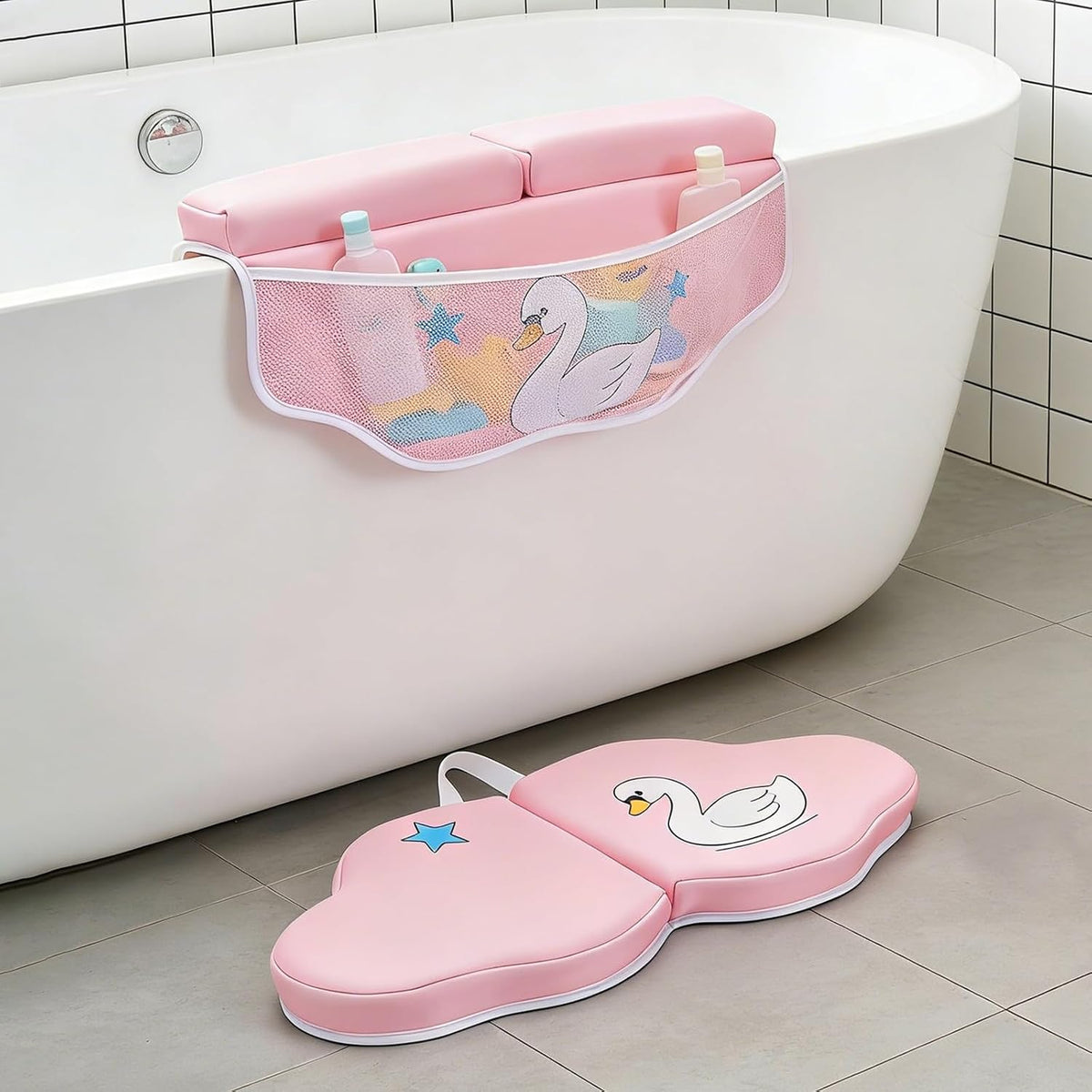 Bath Kneeler and Elbow Rest Pad Set, Bathtub Kneeling Pad with Elbow Support and Storage Pockets, Baby Bath Support Non-Slip, Machine Washable, Quick Drying for Comfortable Baby Bathing (Grey)