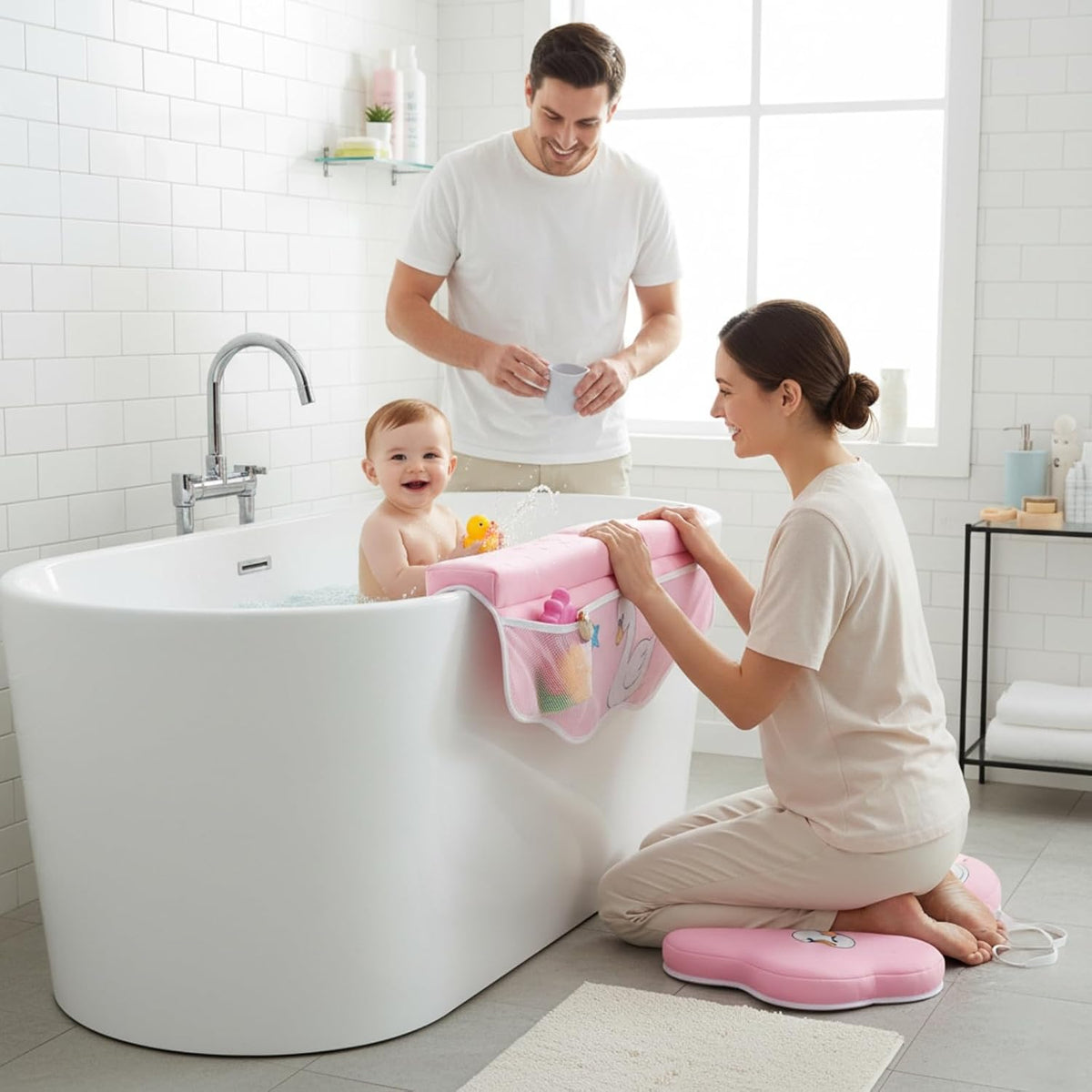 Bath Kneeler and Elbow Rest Pad Set, Bathtub Kneeling Pad with Elbow Support and Storage Pockets, Baby Bath Support Non-Slip, Machine Washable, Quick Drying for Comfortable Baby Bathing (Grey)