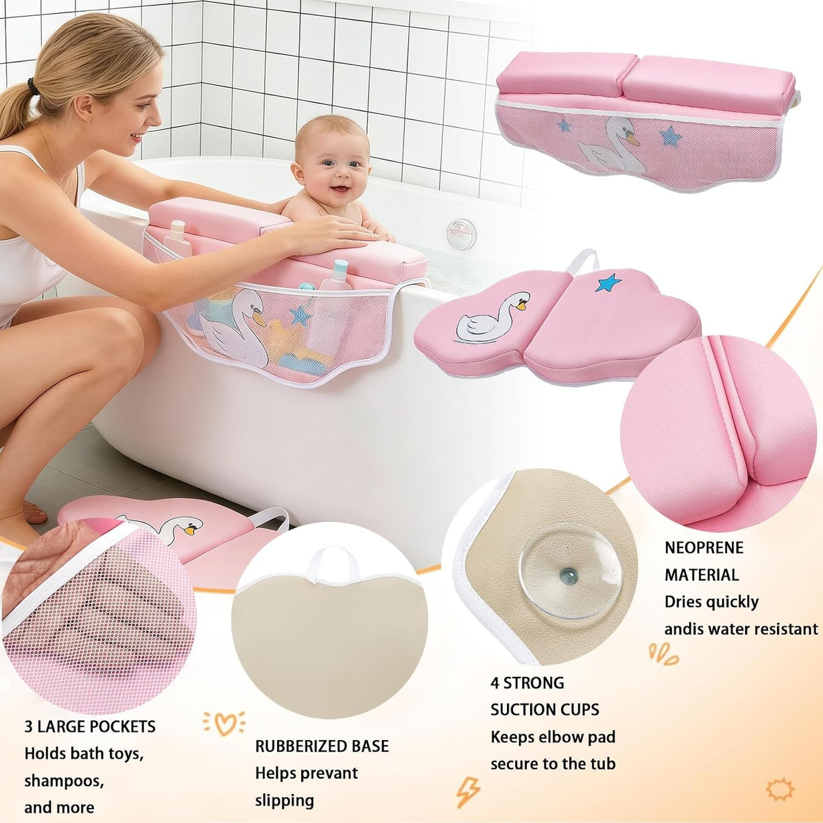 Bath Kneeler and Elbow Rest Pad Set, Bathtub Kneeling Pad with Elbow Support and Storage Pockets, Baby Bath Support Non-Slip, Machine Washable, Quick Drying for Comfortable Baby Bathing (Grey)