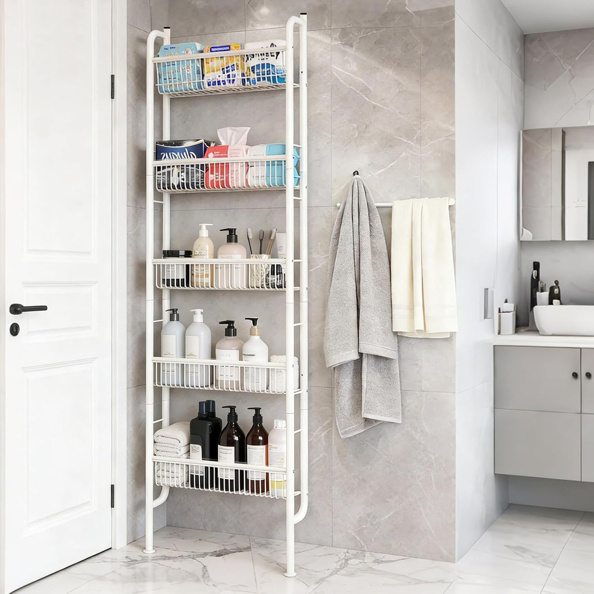 Behind The Door Storage 5 Tiers Behind Door Shelf, Space-Saving Bathroom Door Shelf, Metal Shelf for Kitchen Bathroom Living Room, Off-White