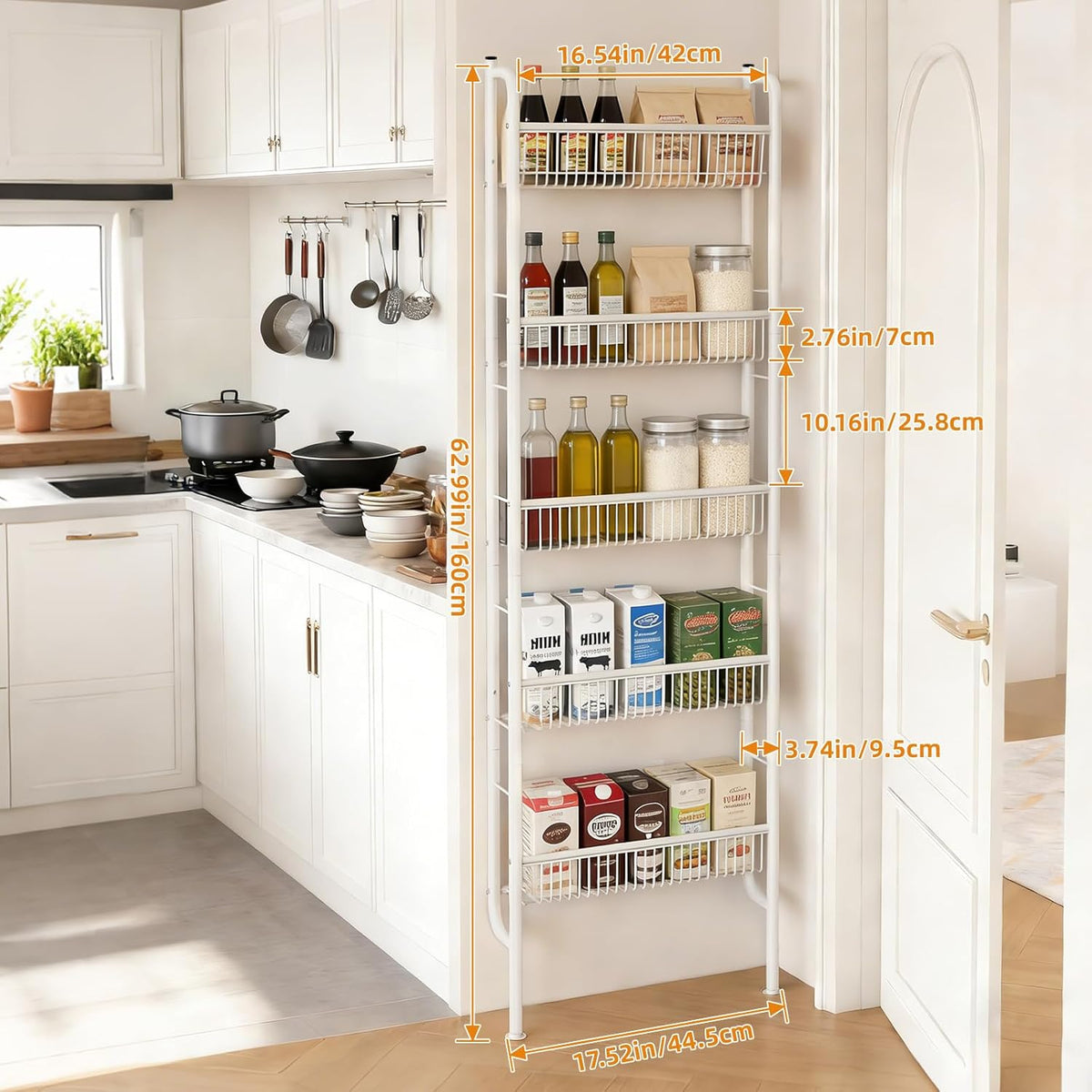 Behind The Door Storage 5 Tiers Behind Door Shelf, Space-Saving Bathroom Door Shelf, Metal Shelf for Kitchen Bathroom Living Room, Off-White