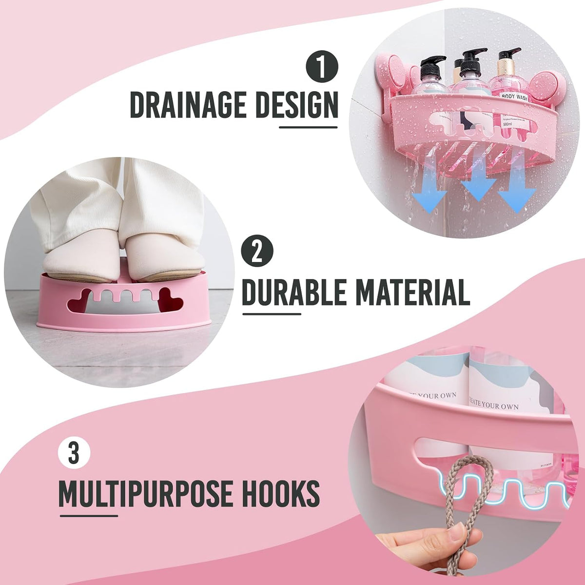 Corner Shower Caddy Suction Cups, Wall Shower Shelves, Pink