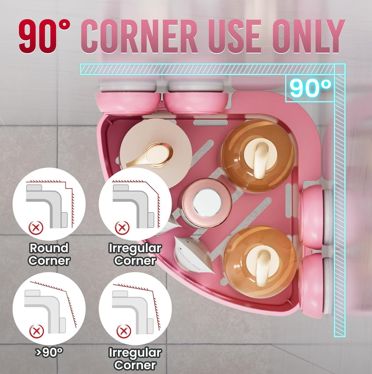 Corner Shower Caddy Suction Cups, Wall Shower Shelves, Pink