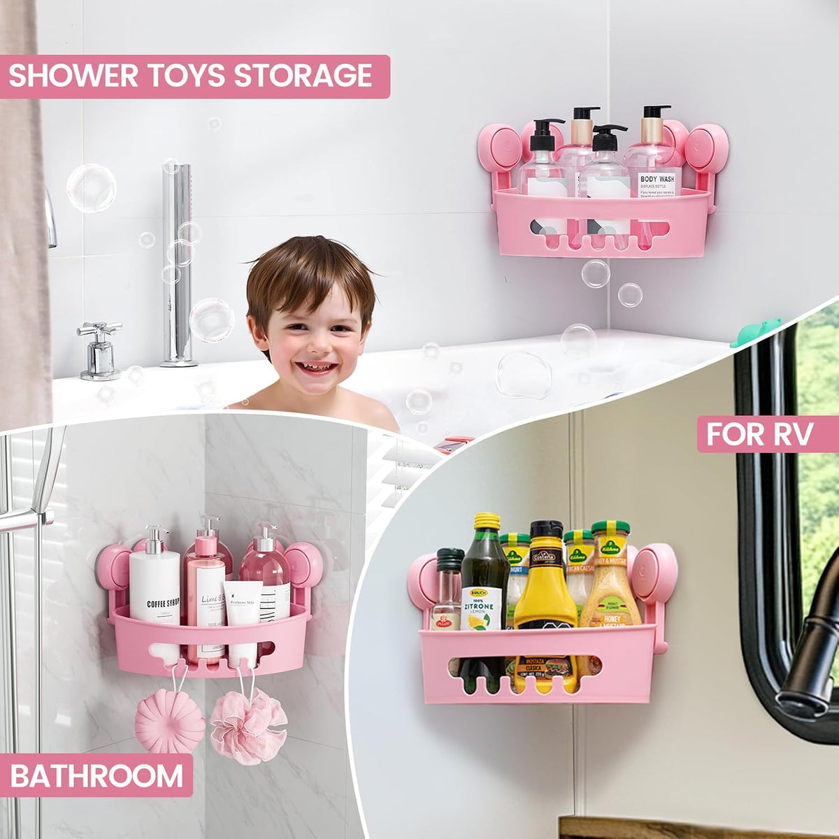 Corner Shower Caddy Suction Cups, Wall Shower Shelves, Pink