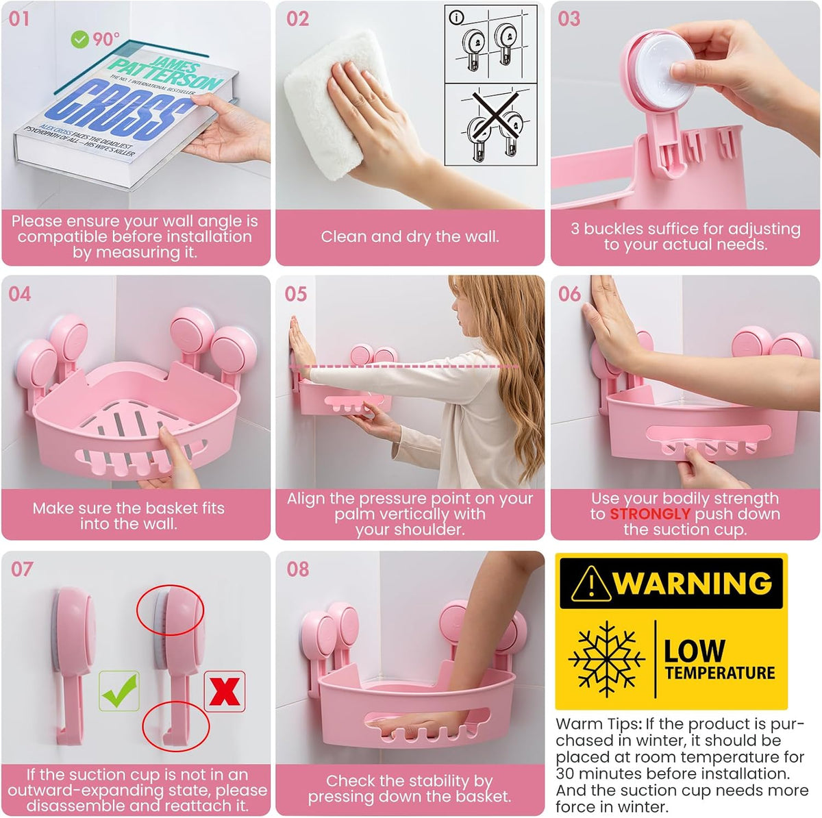 Corner Shower Caddy Suction Cups, Wall Shower Shelves, Pink
