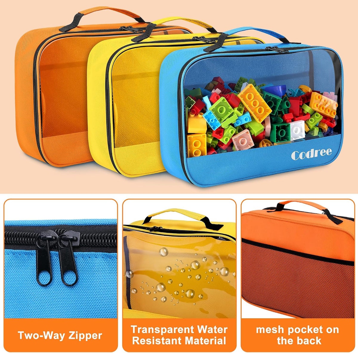 3 Pcs Clear Toy Storage Bag, Waterproof PVC Toy Organized Bag with Zipper