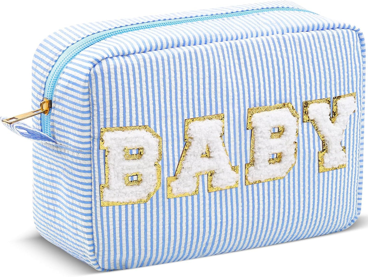 Seersucker Cosmetic Bags Baby Bag Chenille Letter Baby Toiletry Bag Stripe Diaper Pouch Large Preppy Storage Pouch Toiletry Travel Organizer, Gifts for Mom Women