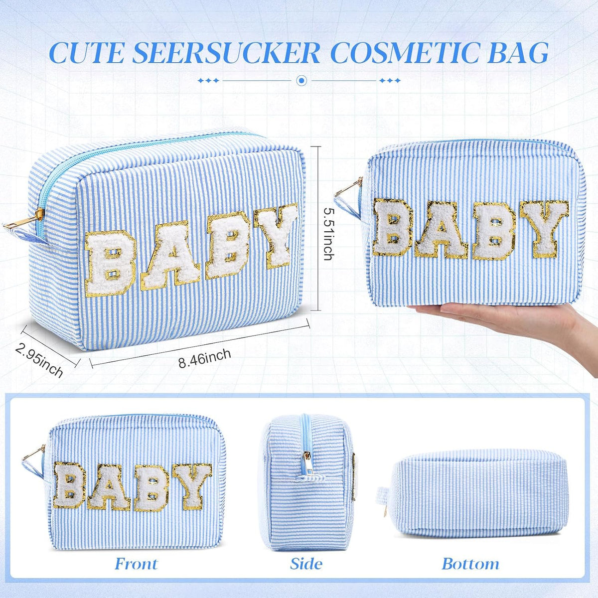 Seersucker Cosmetic Bags Baby Bag Chenille Letter Baby Toiletry Bag Stripe Diaper Pouch Large Preppy Storage Pouch Toiletry Travel Organizer, Gifts for Mom Women