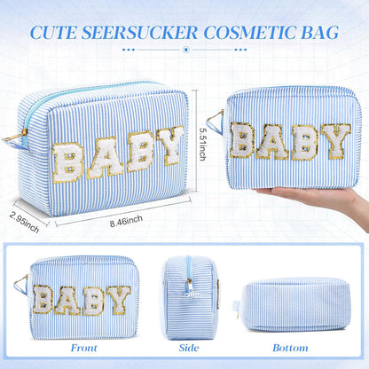 Seersucker Cosmetic Bags Baby Bag Chenille Letter Baby Toiletry Bag Stripe Diaper Pouch Large Preppy Storage Pouch Toiletry Travel Organizer, Gifts for Mom Women