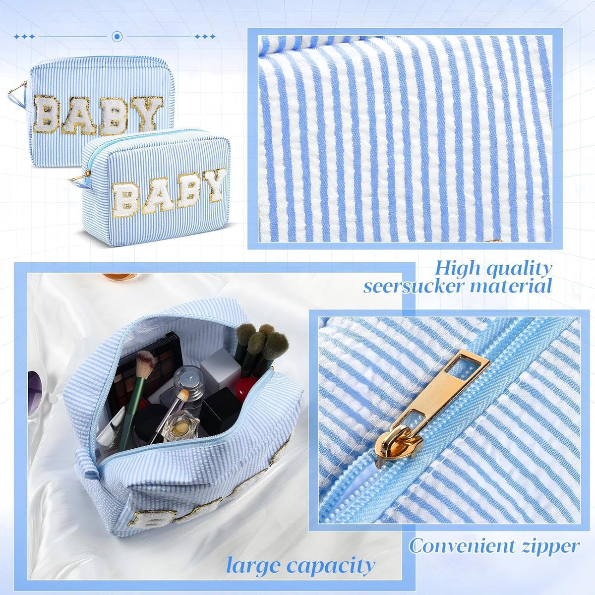 Seersucker Cosmetic Bags Baby Bag Chenille Letter Baby Toiletry Bag Stripe Diaper Pouch Large Preppy Storage Pouch Toiletry Travel Organizer, Gifts for Mom Women