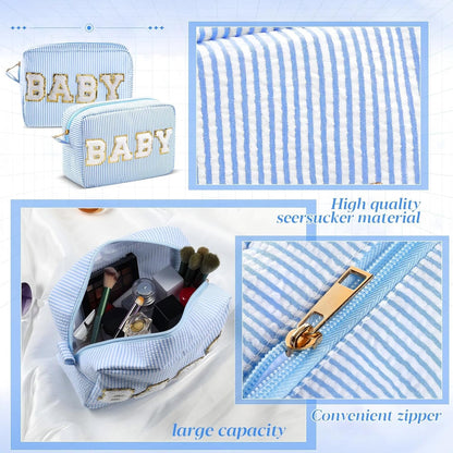 Seersucker Cosmetic Bags Baby Bag Chenille Letter Baby Toiletry Bag Stripe Diaper Pouch Large Preppy Storage Pouch Toiletry Travel Organizer, Gifts for Mom Women
