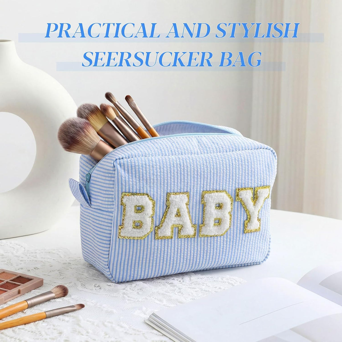 Seersucker Cosmetic Bags Baby Bag Chenille Letter Baby Toiletry Bag Stripe Diaper Pouch Large Preppy Storage Pouch Toiletry Travel Organizer, Gifts for Mom Women