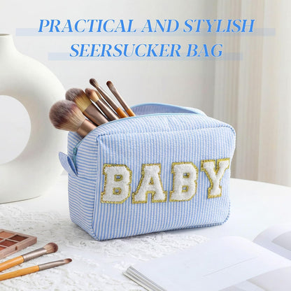 Seersucker Cosmetic Bags Baby Bag Chenille Letter Baby Toiletry Bag Stripe Diaper Pouch Large Preppy Storage Pouch Toiletry Travel Organizer, Gifts for Mom Women