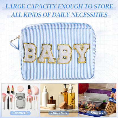Seersucker Cosmetic Bags Baby Bag Chenille Letter Baby Toiletry Bag Stripe Diaper Pouch Large Preppy Storage Pouch Toiletry Travel Organizer, Gifts for Mom Women