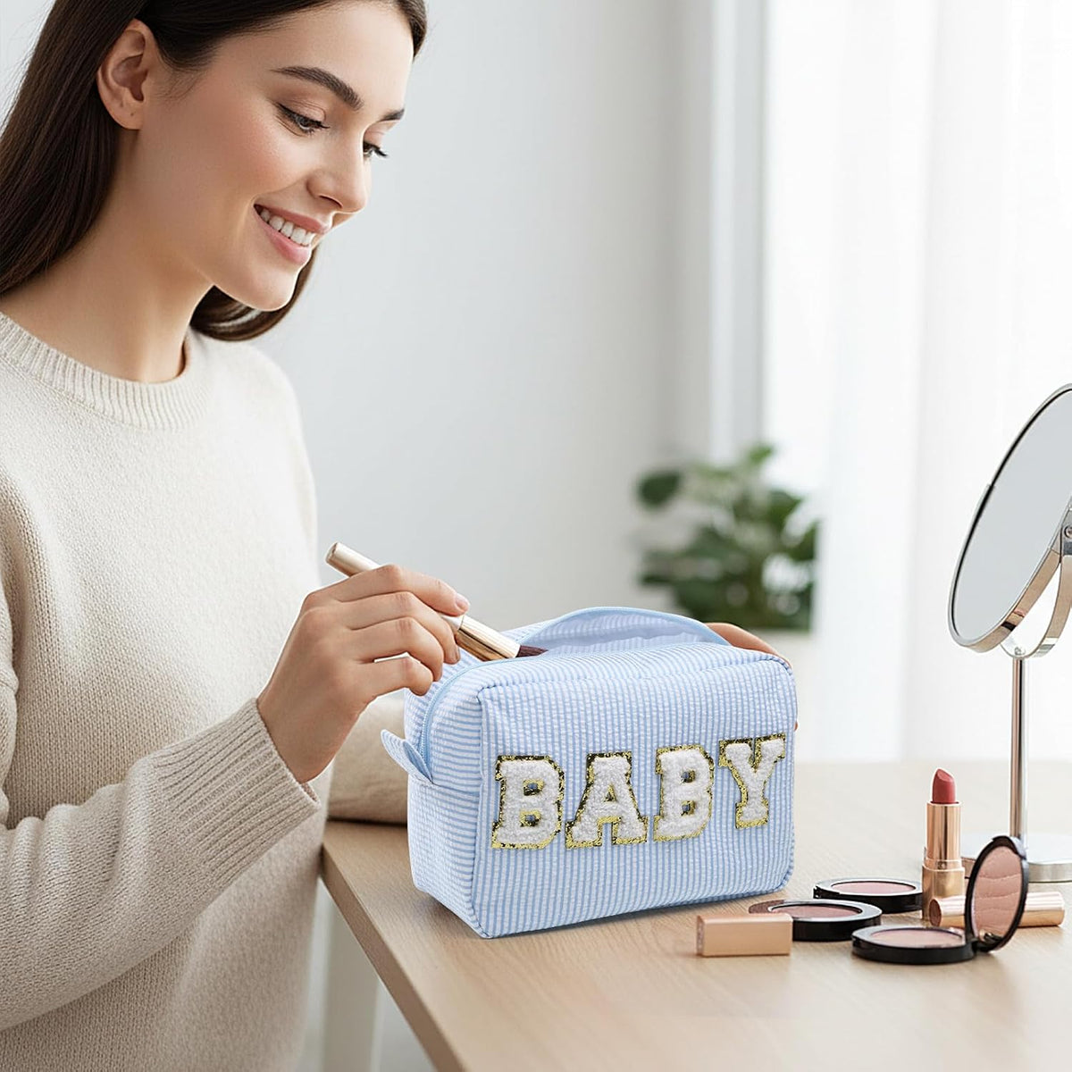 Seersucker Cosmetic Bags Baby Bag Chenille Letter Baby Toiletry Bag Stripe Diaper Pouch Large Preppy Storage Pouch Toiletry Travel Organizer, Gifts for Mom Women