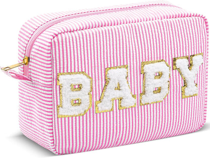 Seersucker Cosmetic Bags Baby Bag Chenille Letter Baby Toiletry Bag Stripe Diaper Pouch Large Preppy Storage Pouch Toiletry Travel Organizer, Gifts for Mom Women