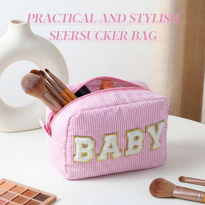 Seersucker Cosmetic Bags Baby Bag Chenille Letter Baby Toiletry Bag Stripe Diaper Pouch Large Preppy Storage Pouch Toiletry Travel Organizer, Gifts for Mom Women