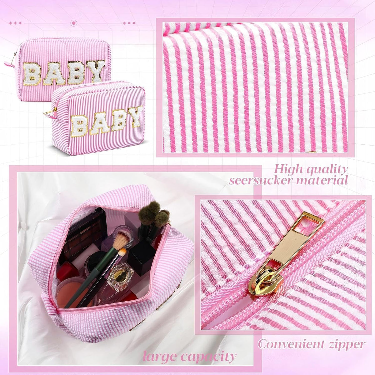 Seersucker Cosmetic Bags Baby Bag Chenille Letter Baby Toiletry Bag Stripe Diaper Pouch Large Preppy Storage Pouch Toiletry Travel Organizer, Gifts for Mom Women