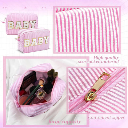 Seersucker Cosmetic Bags Baby Bag Chenille Letter Baby Toiletry Bag Stripe Diaper Pouch Large Preppy Storage Pouch Toiletry Travel Organizer, Gifts for Mom Women