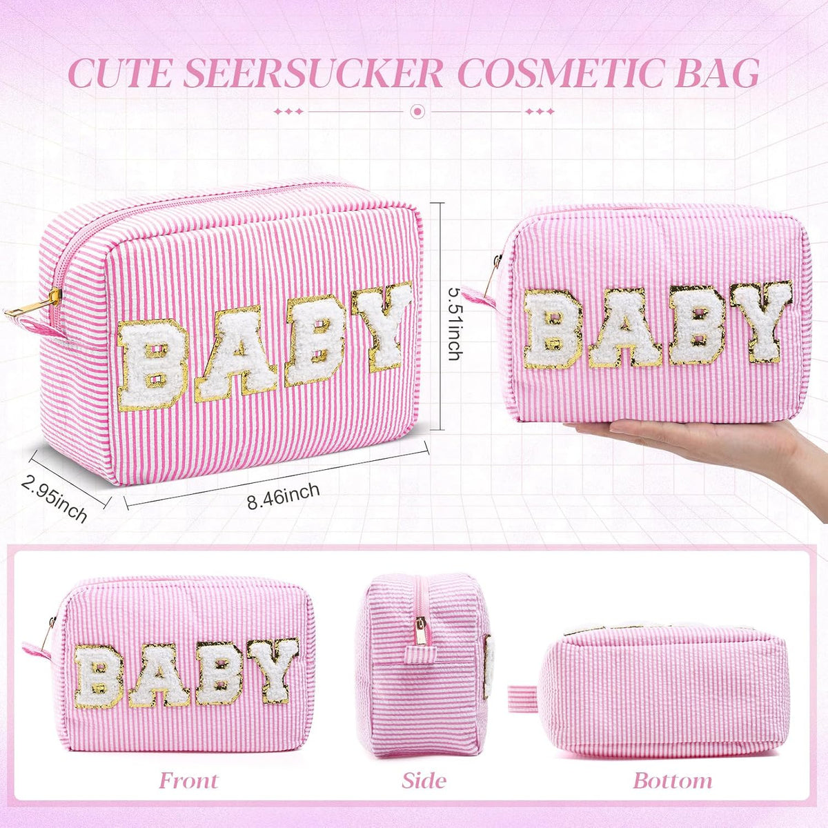 Seersucker Cosmetic Bags Baby Bag Chenille Letter Baby Toiletry Bag Stripe Diaper Pouch Large Preppy Storage Pouch Toiletry Travel Organizer, Gifts for Mom Women