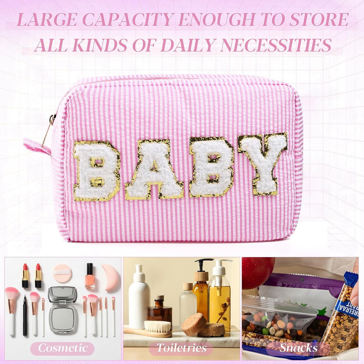 Seersucker Cosmetic Bags Baby Bag Chenille Letter Baby Toiletry Bag Stripe Diaper Pouch Large Preppy Storage Pouch Toiletry Travel Organizer, Gifts for Mom Women