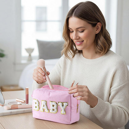 Seersucker Cosmetic Bags Baby Bag Chenille Letter Baby Toiletry Bag Stripe Diaper Pouch Large Preppy Storage Pouch Toiletry Travel Organizer, Gifts for Mom Women