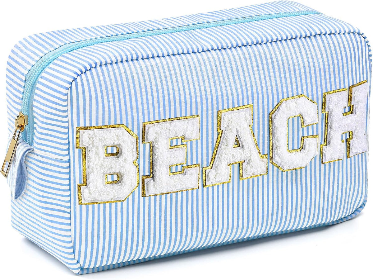 Seersucker Cosmetic Bags Baby Bag Chenille Letter Baby Toiletry Bag Stripe Diaper Pouch Large Preppy Storage Pouch Toiletry Travel Organizer, Gifts for Mom Women