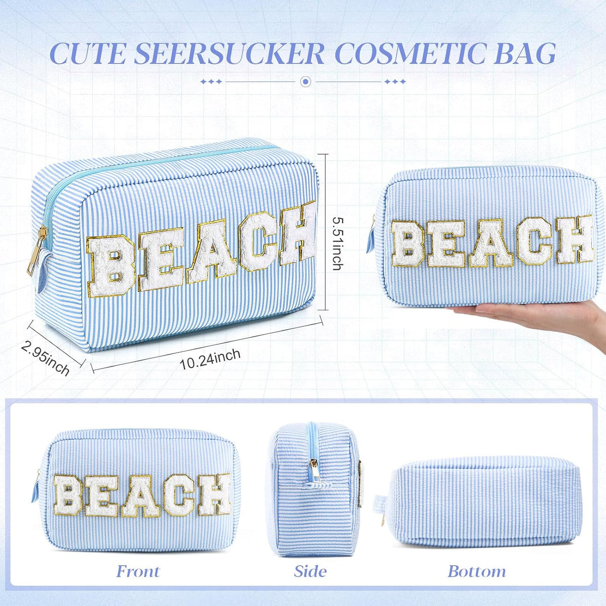 Seersucker Cosmetic Bags Baby Bag Chenille Letter Baby Toiletry Bag Stripe Diaper Pouch Large Preppy Storage Pouch Toiletry Travel Organizer, Gifts for Mom Women