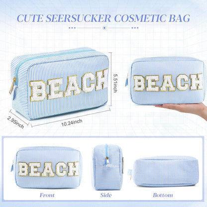 Seersucker Cosmetic Bags Baby Bag Chenille Letter Baby Toiletry Bag Stripe Diaper Pouch Large Preppy Storage Pouch Toiletry Travel Organizer, Gifts for Mom Women