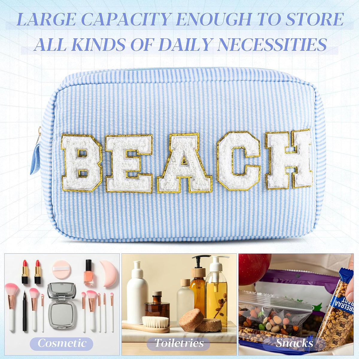 Seersucker Cosmetic Bags Baby Bag Chenille Letter Baby Toiletry Bag Stripe Diaper Pouch Large Preppy Storage Pouch Toiletry Travel Organizer, Gifts for Mom Women