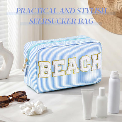 Seersucker Cosmetic Bags Baby Bag Chenille Letter Baby Toiletry Bag Stripe Diaper Pouch Large Preppy Storage Pouch Toiletry Travel Organizer, Gifts for Mom Women