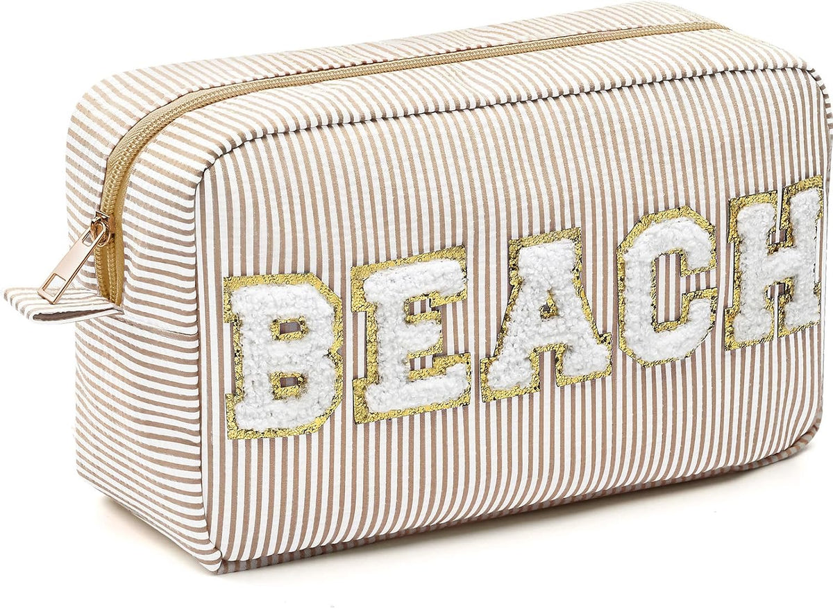 Seersucker Cosmetic Bags Baby Bag Chenille Letter Baby Toiletry Bag Stripe Diaper Pouch Large Preppy Storage Pouch Toiletry Travel Organizer, Gifts for Mom Women
