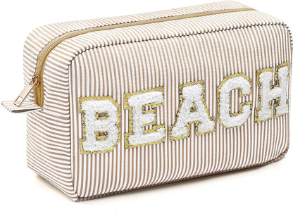 Seersucker Cosmetic Bags Baby Bag Chenille Letter Baby Toiletry Bag Stripe Diaper Pouch Large Preppy Storage Pouch Toiletry Travel Organizer, Gifts for Mom Women