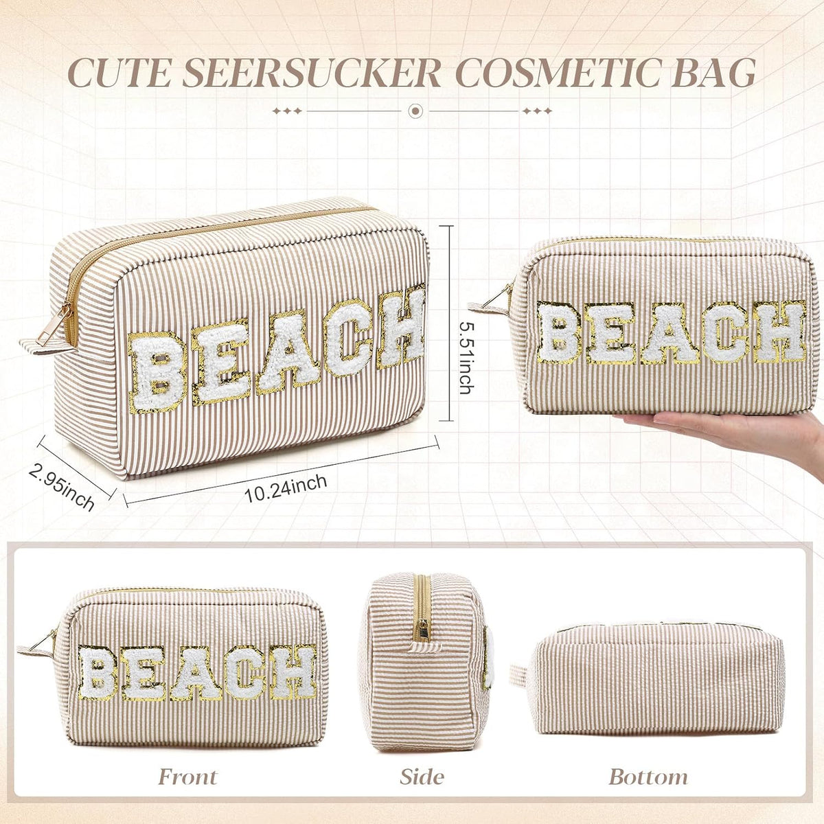 Seersucker Cosmetic Bags Baby Bag Chenille Letter Baby Toiletry Bag Stripe Diaper Pouch Large Preppy Storage Pouch Toiletry Travel Organizer, Gifts for Mom Women