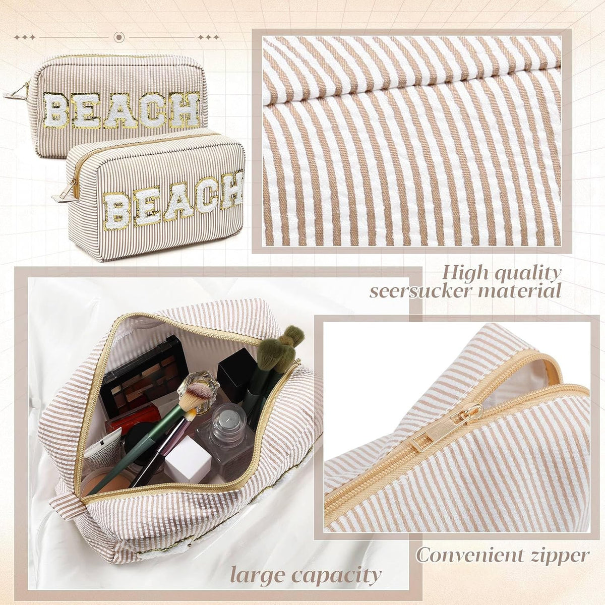 Seersucker Cosmetic Bags Baby Bag Chenille Letter Baby Toiletry Bag Stripe Diaper Pouch Large Preppy Storage Pouch Toiletry Travel Organizer, Gifts for Mom Women