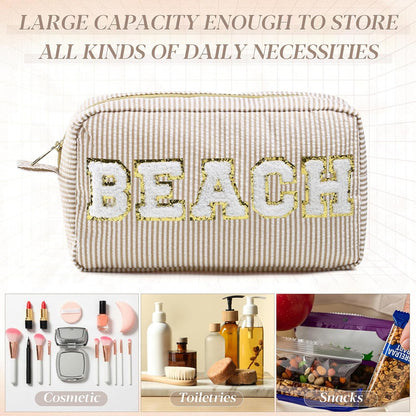 Seersucker Cosmetic Bags Baby Bag Chenille Letter Baby Toiletry Bag Stripe Diaper Pouch Large Preppy Storage Pouch Toiletry Travel Organizer, Gifts for Mom Women