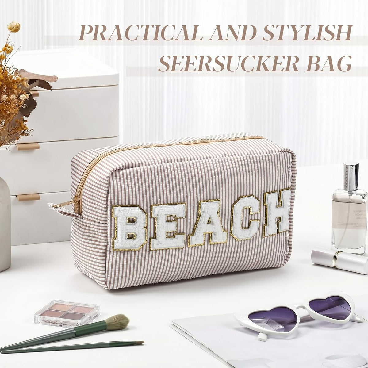 Seersucker Cosmetic Bags Baby Bag Chenille Letter Baby Toiletry Bag Stripe Diaper Pouch Large Preppy Storage Pouch Toiletry Travel Organizer, Gifts for Mom Women