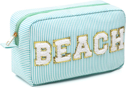 Seersucker Cosmetic Bags Baby Bag Chenille Letter Baby Toiletry Bag Stripe Diaper Pouch Large Preppy Storage Pouch Toiletry Travel Organizer, Gifts for Mom Women