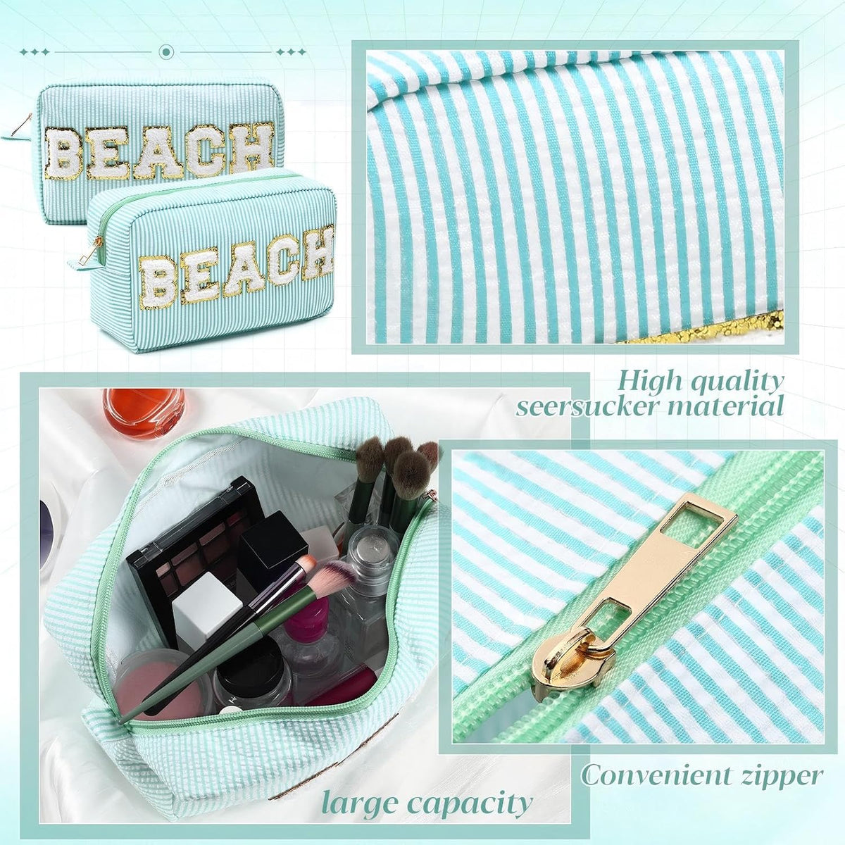 Seersucker Cosmetic Bags Baby Bag Chenille Letter Baby Toiletry Bag Stripe Diaper Pouch Large Preppy Storage Pouch Toiletry Travel Organizer, Gifts for Mom Women