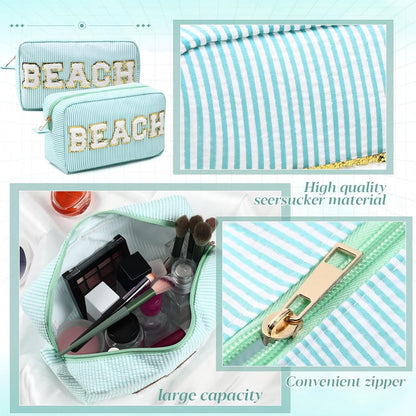 Seersucker Cosmetic Bags Baby Bag Chenille Letter Baby Toiletry Bag Stripe Diaper Pouch Large Preppy Storage Pouch Toiletry Travel Organizer, Gifts for Mom Women
