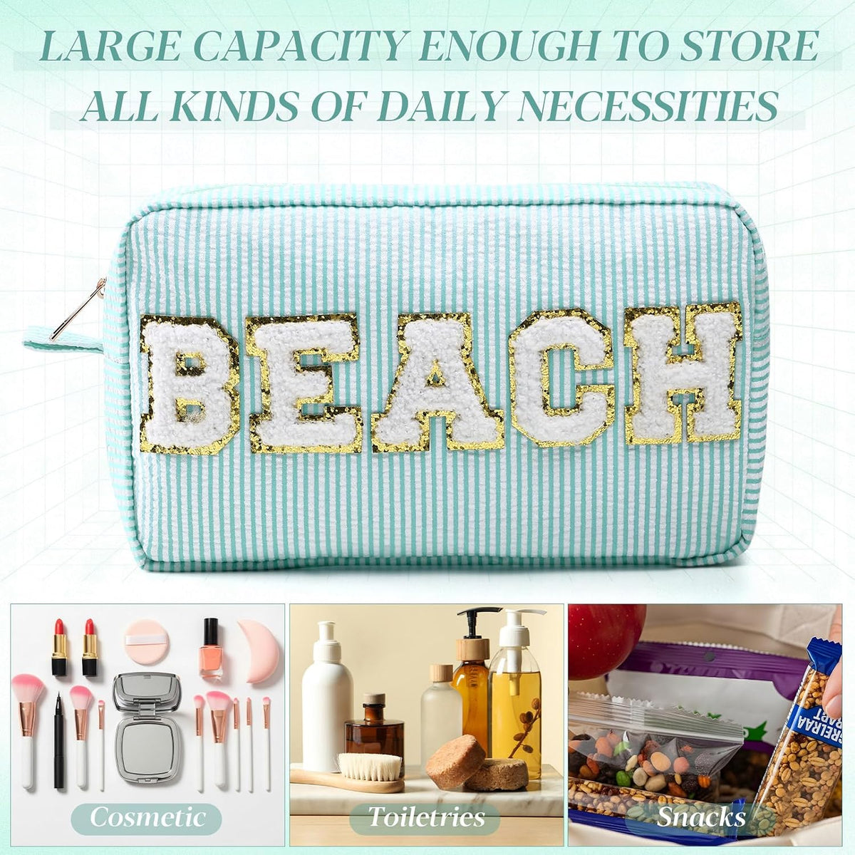 Seersucker Cosmetic Bags Baby Bag Chenille Letter Baby Toiletry Bag Stripe Diaper Pouch Large Preppy Storage Pouch Toiletry Travel Organizer, Gifts for Mom Women