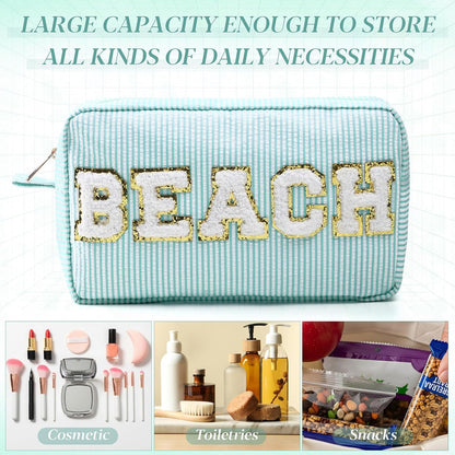 Seersucker Cosmetic Bags Baby Bag Chenille Letter Baby Toiletry Bag Stripe Diaper Pouch Large Preppy Storage Pouch Toiletry Travel Organizer, Gifts for Mom Women