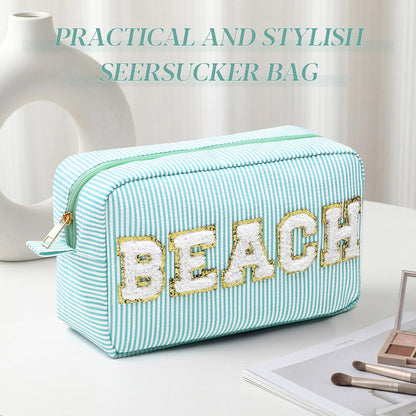 Seersucker Cosmetic Bags Baby Bag Chenille Letter Baby Toiletry Bag Stripe Diaper Pouch Large Preppy Storage Pouch Toiletry Travel Organizer, Gifts for Mom Women