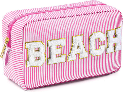 Seersucker Cosmetic Bags Baby Bag Chenille Letter Baby Toiletry Bag Stripe Diaper Pouch Large Preppy Storage Pouch Toiletry Travel Organizer, Gifts for Mom Women
