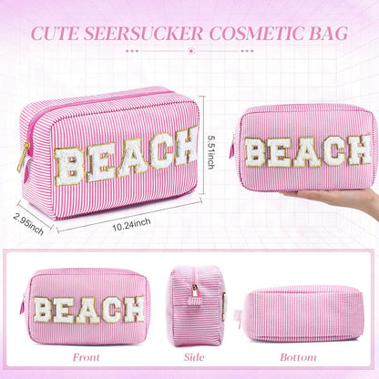 Seersucker Cosmetic Bags Baby Bag Chenille Letter Baby Toiletry Bag Stripe Diaper Pouch Large Preppy Storage Pouch Toiletry Travel Organizer, Gifts for Mom Women