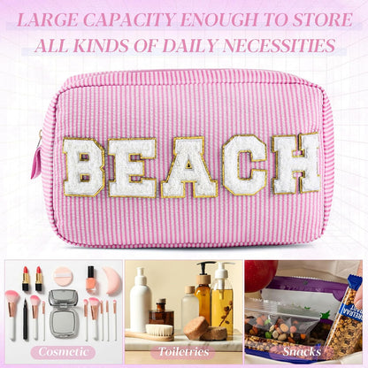 Seersucker Cosmetic Bags Baby Bag Chenille Letter Baby Toiletry Bag Stripe Diaper Pouch Large Preppy Storage Pouch Toiletry Travel Organizer, Gifts for Mom Women