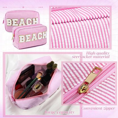 Seersucker Cosmetic Bags Baby Bag Chenille Letter Baby Toiletry Bag Stripe Diaper Pouch Large Preppy Storage Pouch Toiletry Travel Organizer, Gifts for Mom Women
